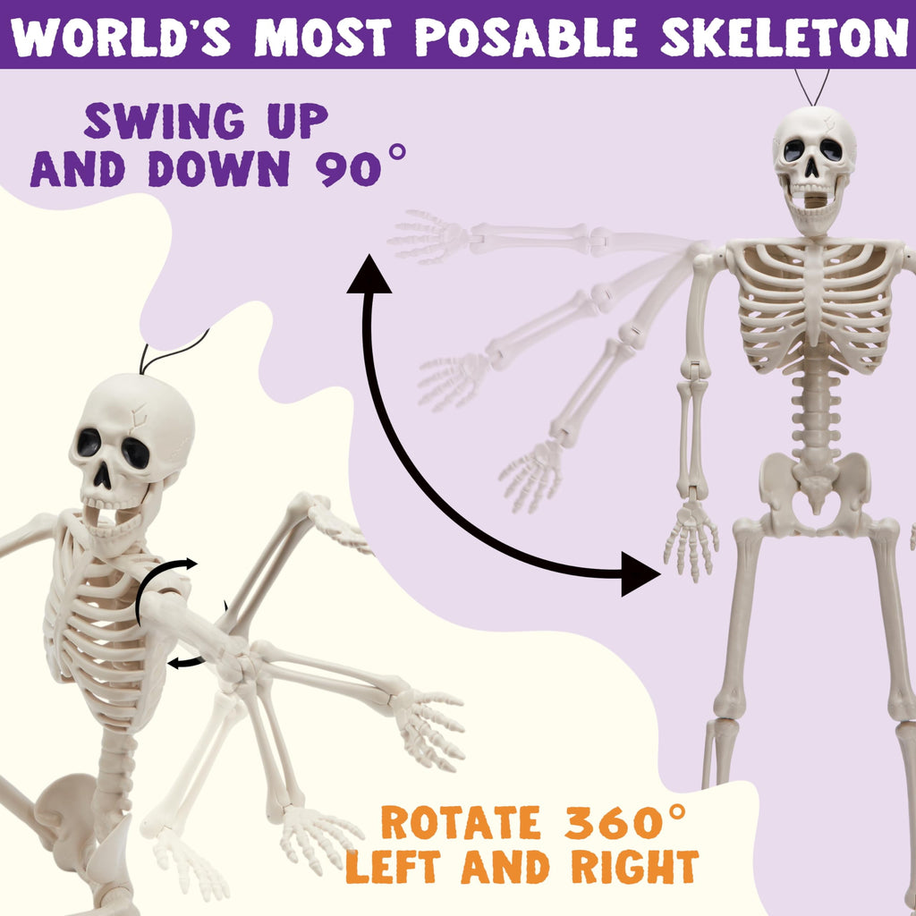 Joyfy 24 Inch Halloween Skeleton Decor with LED Light Eyes,Posable Skeleton Halloween Prop Full Body with Movable Joints for Haunted House Indoor Outdoor Decoration Spooky Decor