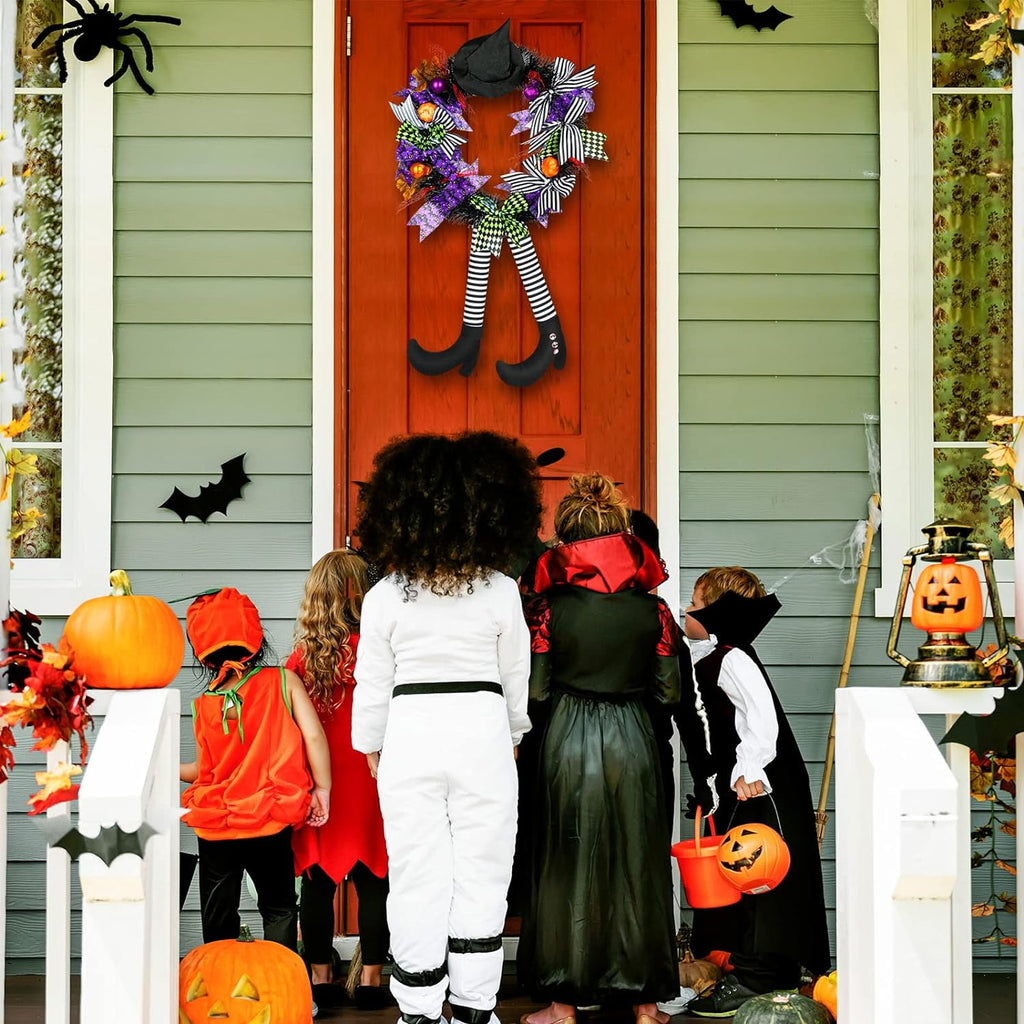TETOU Halloween Wreaths for Front Door, 27" Witch Wreath Halloween Costumes, Autumn Door Wreath Witch's Hat and Legs Pumpkin Halloween Indoor & Outdoor Wall Decor