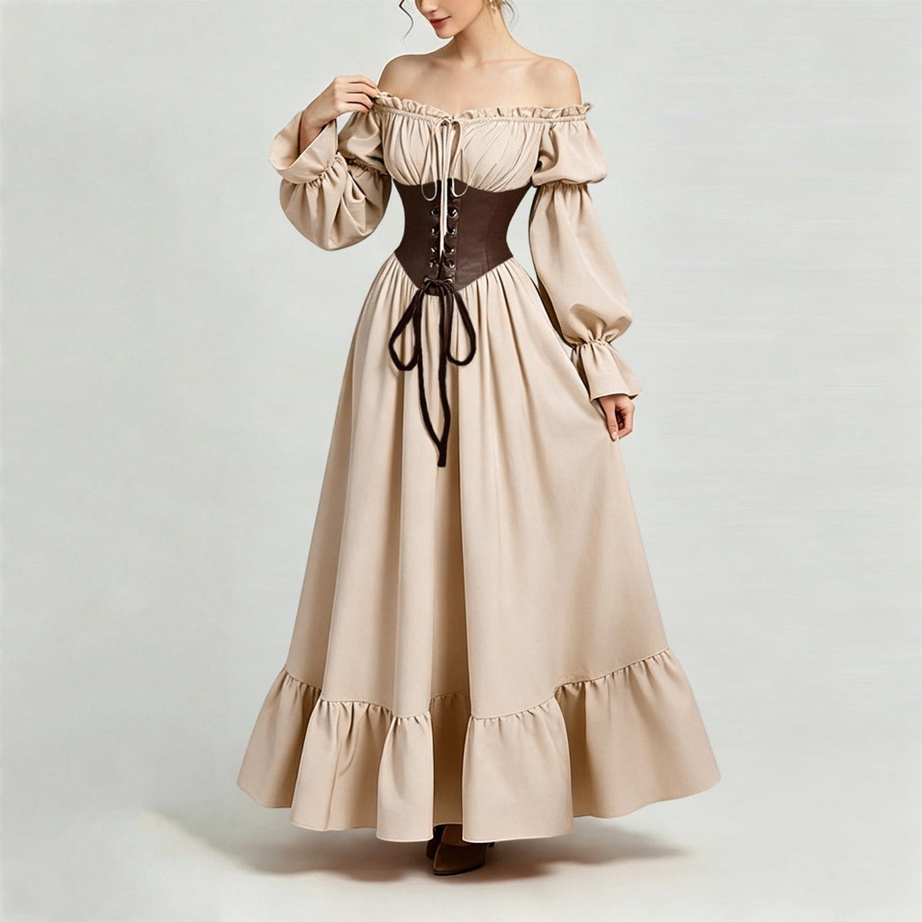 QATAINLAV Renaissance Costume Women Vintage Medieval Dress Cold Shoulder Short Sleeve Peasant Pirate Irish Maxi Dresses, Black, L