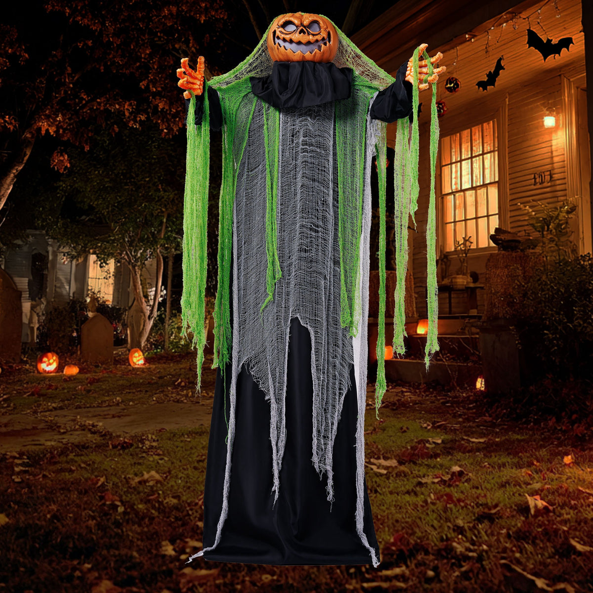 Joyfy 67" Standing Grim Reaper with Chain, Large Halloween Decorations Outdoor, Life Size Animatronics Skelton, Sound-Actived Party Decor with Creepy Sound & LED Eyes, Scary Haunted House Props