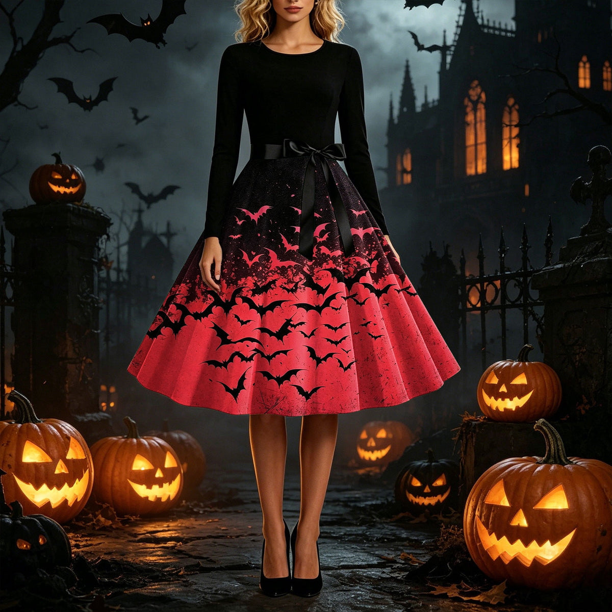 Women's Vintage Halloween Bat Print Swing Dress Long Sleeve 1950s Retro A-Line Midi Dresses with Satin Sash Belt for Gothic Cosplay Evening Prom Party