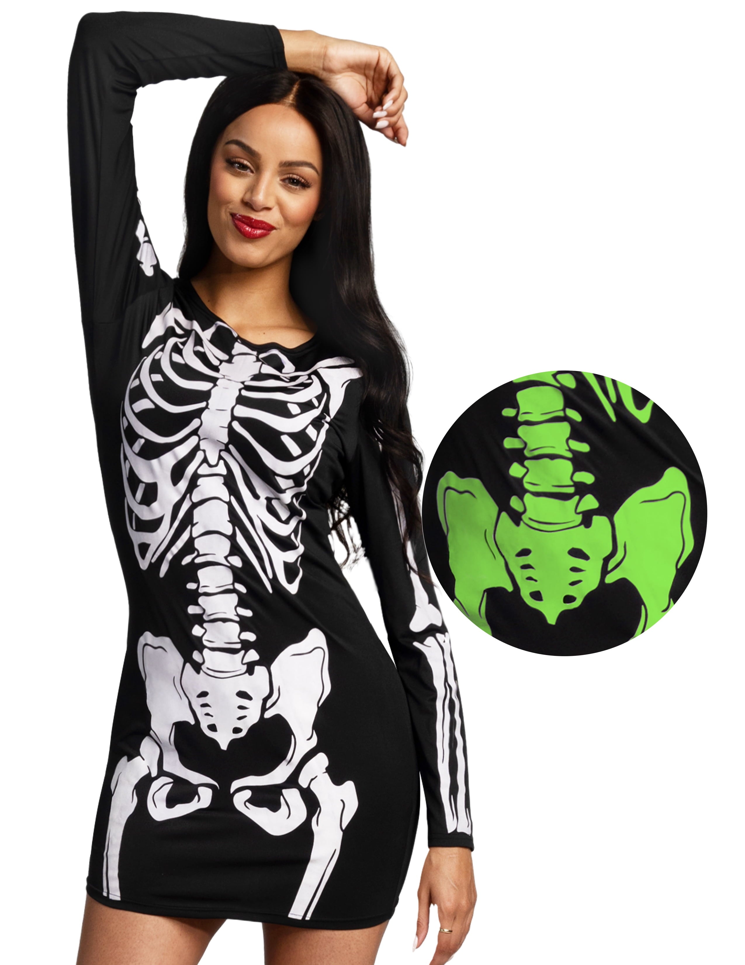Joyfy Glow in the Dark Skeleton Costume for Adults Women Halloween Dress Up Party Role Playing Cosplay