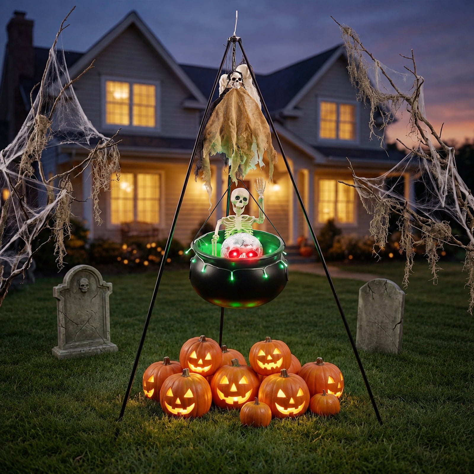 Halloween Decorations Bundle - 78cm/30.7" Witches Cauldron on 54" Tripod with Green LED Lights, 3pcs 40cm Skeleton, 60cm Skeleton, Skull Ornament, 4 Hooks - Indoor Outdoor Yard Porch Party Supplies