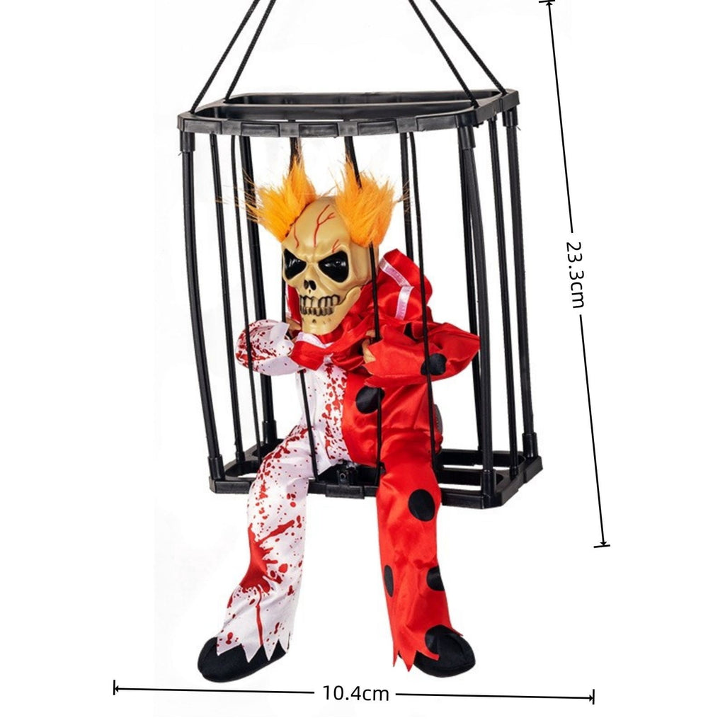 XIA0LE Halloween Hanging Caged Skeleton Prisoner Decoration, Animated Shaking Scary Ghost With Motion Sensor & Sound, Glowing Red Eyes Activated For Indoor Outdoor Party Decor (C)