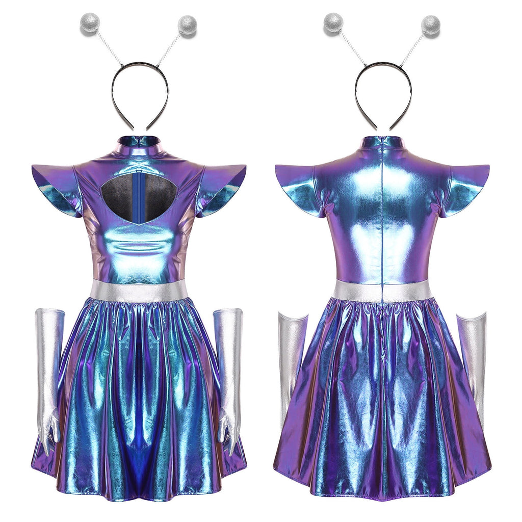 Aislor Womens Outer Space Alien Dress with Gloves Headband Halloween Space Cadet Rave Outfit Blue 3XL