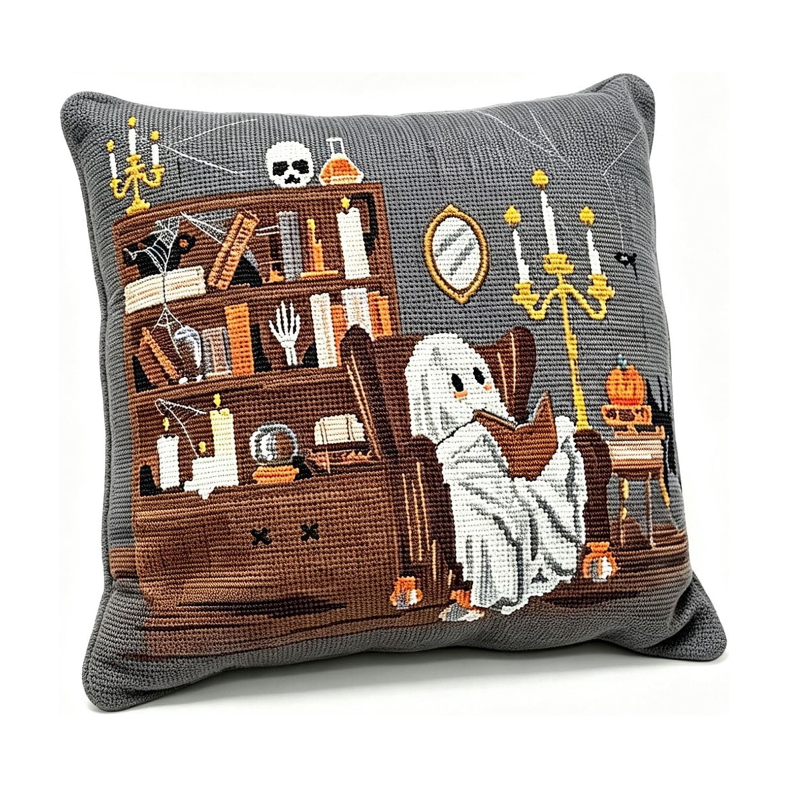Halloween Ghost Reading Book Throw Pillow Cover, Spooky Library Bookshelf Skull Candlestick Decorative Pillowcase, Retro Halloween Cushion Cover