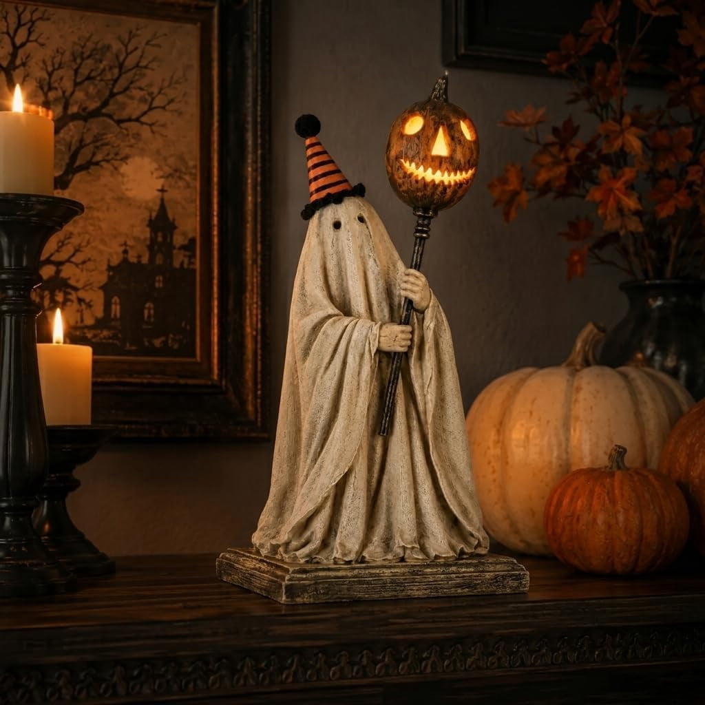 Lighted Vintage Ghost Figurine with Glowing Pumpkin Staff,Rustic Spooky Halloween Fall Decor for Mantel Shelf Entryways,Striped Party Hat Decorations,Vintage Indoor Figurines for Mantel