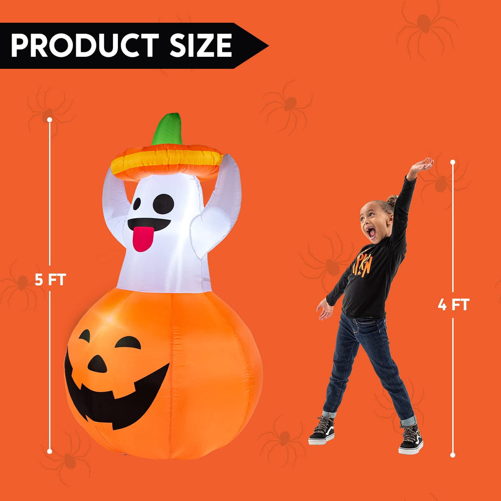 Joyfy 5ft Halloween Inflatables Light up Cute Ghost,Blow Up Ghost Lift Pumpkin Candy Bag with Build-in LEDs for Yard Decorations