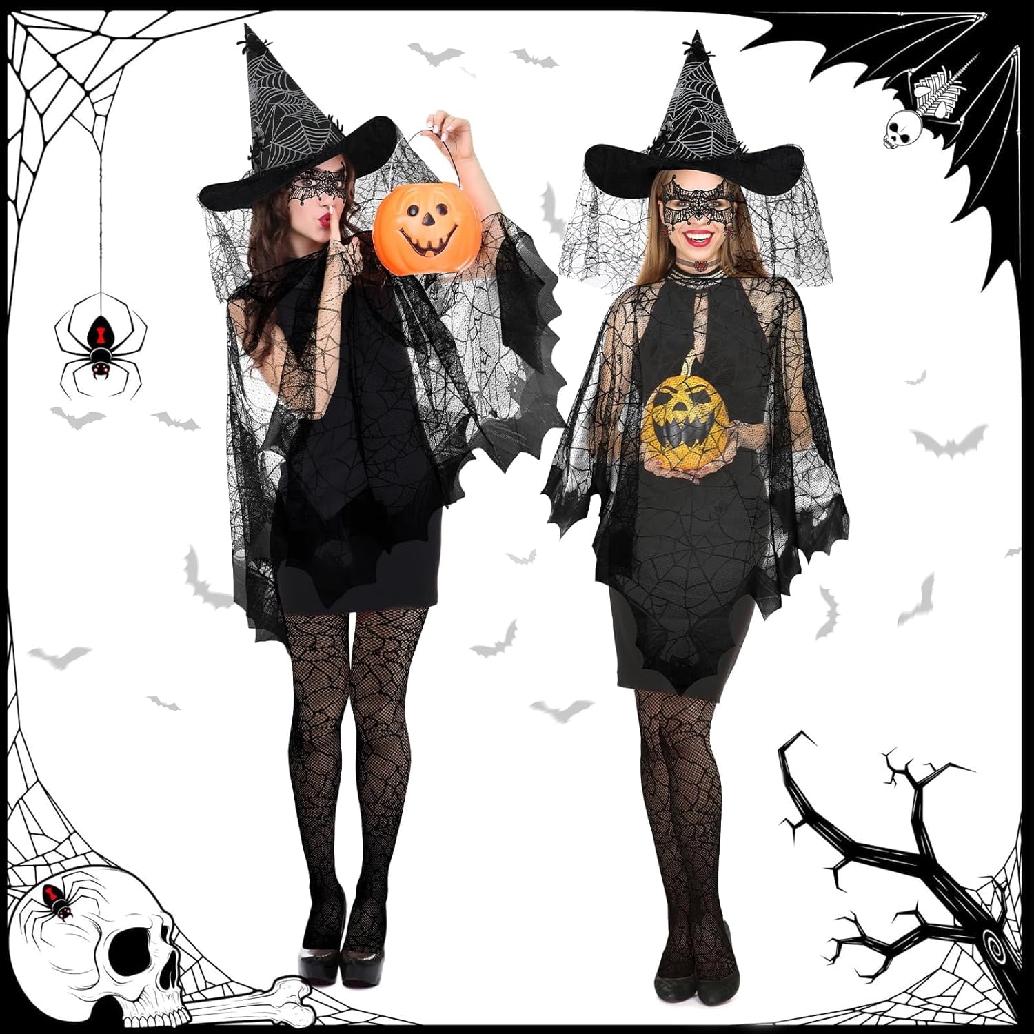 HIFOT 6pcs/set Spider Costume Adult Spider Web Poncho Tights Spider Necklace Chocker Earings Mask and Witch Hat Halloween Costumes for Women