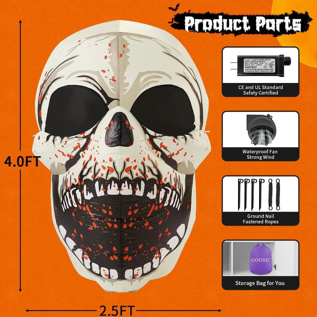 GOOSH Halloween Inflatables 4 FT High Halloween Inflatable Skull with Magic LEDs, Scary Skulls Inflatable Halloween Skull Inflatable, Outdoor Halloween Decorations Clearance for Holiday Party