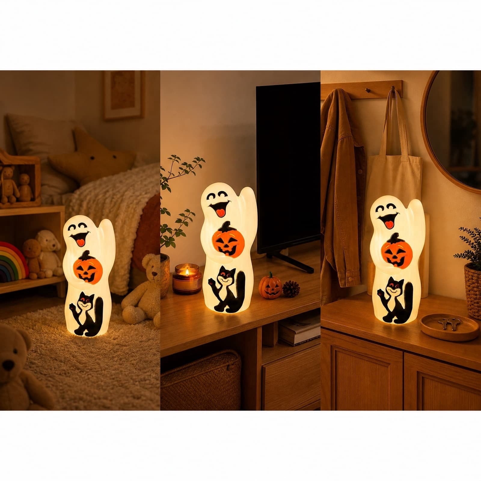 LOWLHOME Halloween Blow Mold Ghost with Black Cat, Halloween Glowing Spooky Decor Cute LED Lamp, Ghost Pumpkin Night Light, Shelf Battery Operated Table Ornament, 11.8"