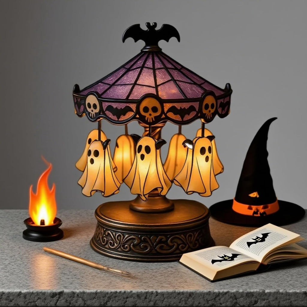 HaCpiu Halloween Ghost Carousel Night Light, Halloween Rotating Desktop Sculpture with LED Glow, Spooky Animated Tabletop Decoration for Indoor Holiday Accent