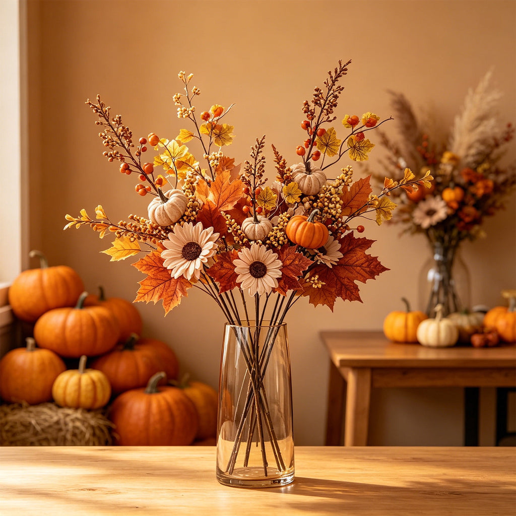 SCNOR Artificial Fall Floral Pick with Pumpkin Maple Leaf Sunflower, Halloween Thanksgiving Table Centerpiece for Home Decor