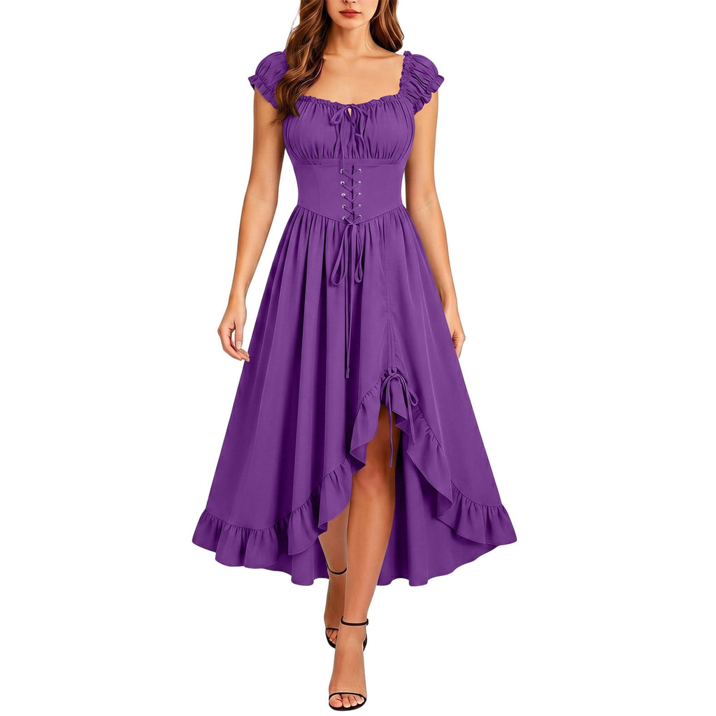 Gothic Dresses for Women Medieval Renaissance Halloween Costume Lace Up Corset High Low Ruffle Hem Square Neck Vintage Gown
