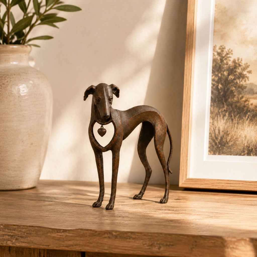 Whippet Dog Figurine, Rustic Bronze Heart Collar Resin Sighthound Decor for Shelf, Home Decor