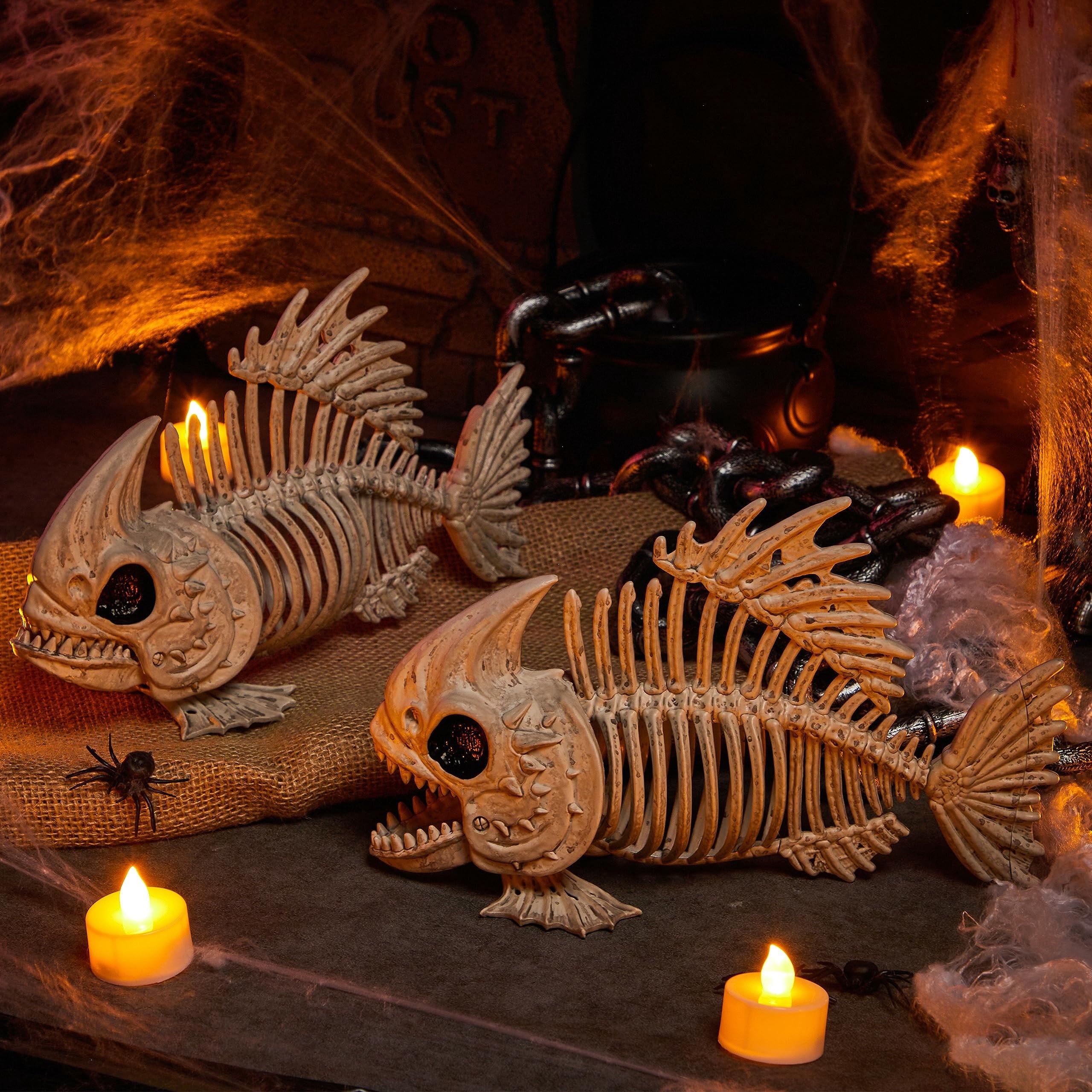 Joyfy Halloween Skeleton Fish Skeleton Halloween Decor,Plastic Skeleton with LED Eye for Halloween Decoration Outdoor Haunted House Party
