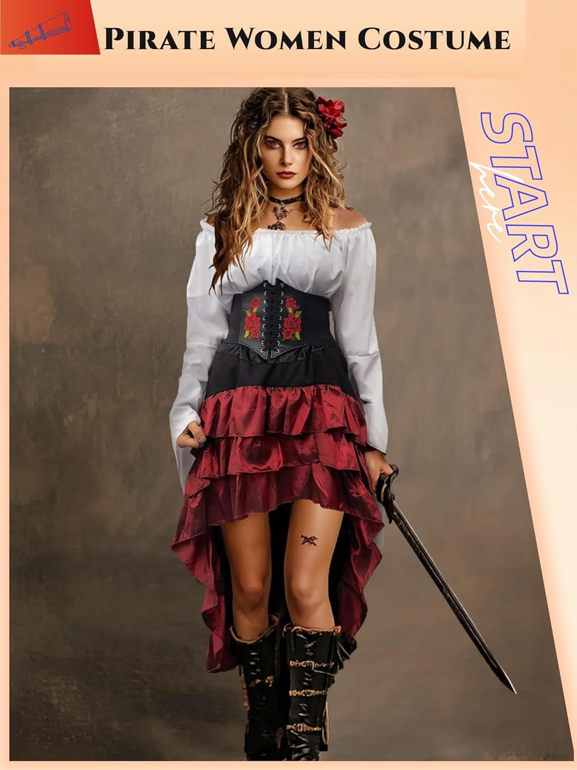 2026 Halloween Pirate Costume Women, Fancy Dress Cosplay Costumes Set with Renaissance Pirate Shirt Skirt Corset Waist Belt