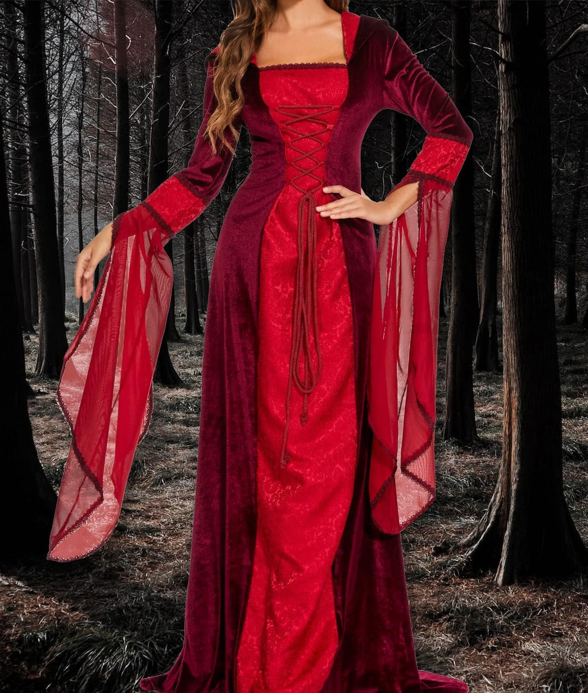 Halloween Witch Costume Women, Deluxe Witch Dress Costume, Vintage Embroidered Renaissance Gothic Hooded Vampire Gown Dress Cosplay Costumes Red S