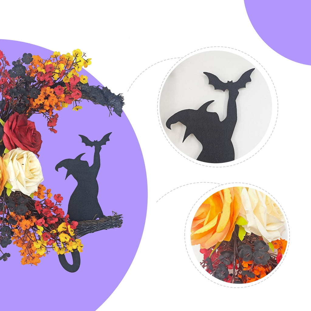 Fall Wreath 16" Halloween Wreaths for Front Door with Witch Cat Moon Decor-Cute Door Wreath Wall Decor for Fall Thanksgiving Halloween
