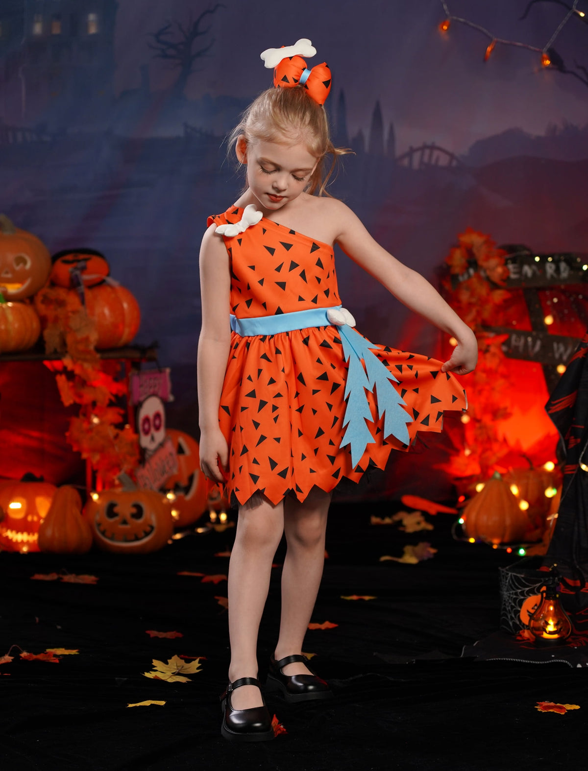 Kids Baby Bam Bam Costume Flintstone Costume Caveman Cavegirl Historical Stone Age Themed Birthday Outfit for Girls Boys Halloween Cosplay Dress Up Photo Shoot 2-3 Years Girl - Orange