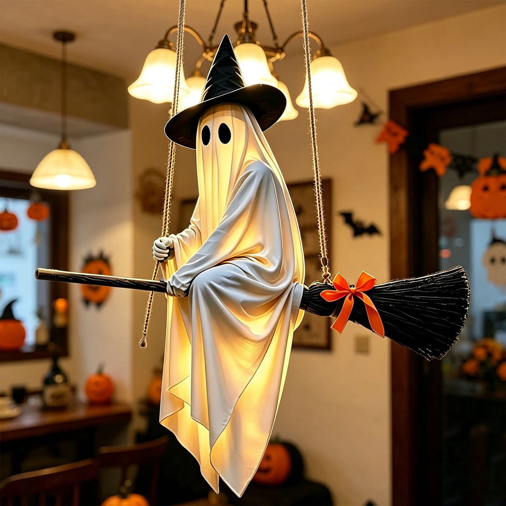 Outdoor Halloween Decorations Large Hanging Ghost and Witch Broom with Lights, Spooky and Cute Ghost Decor for the Front Porch, Yard