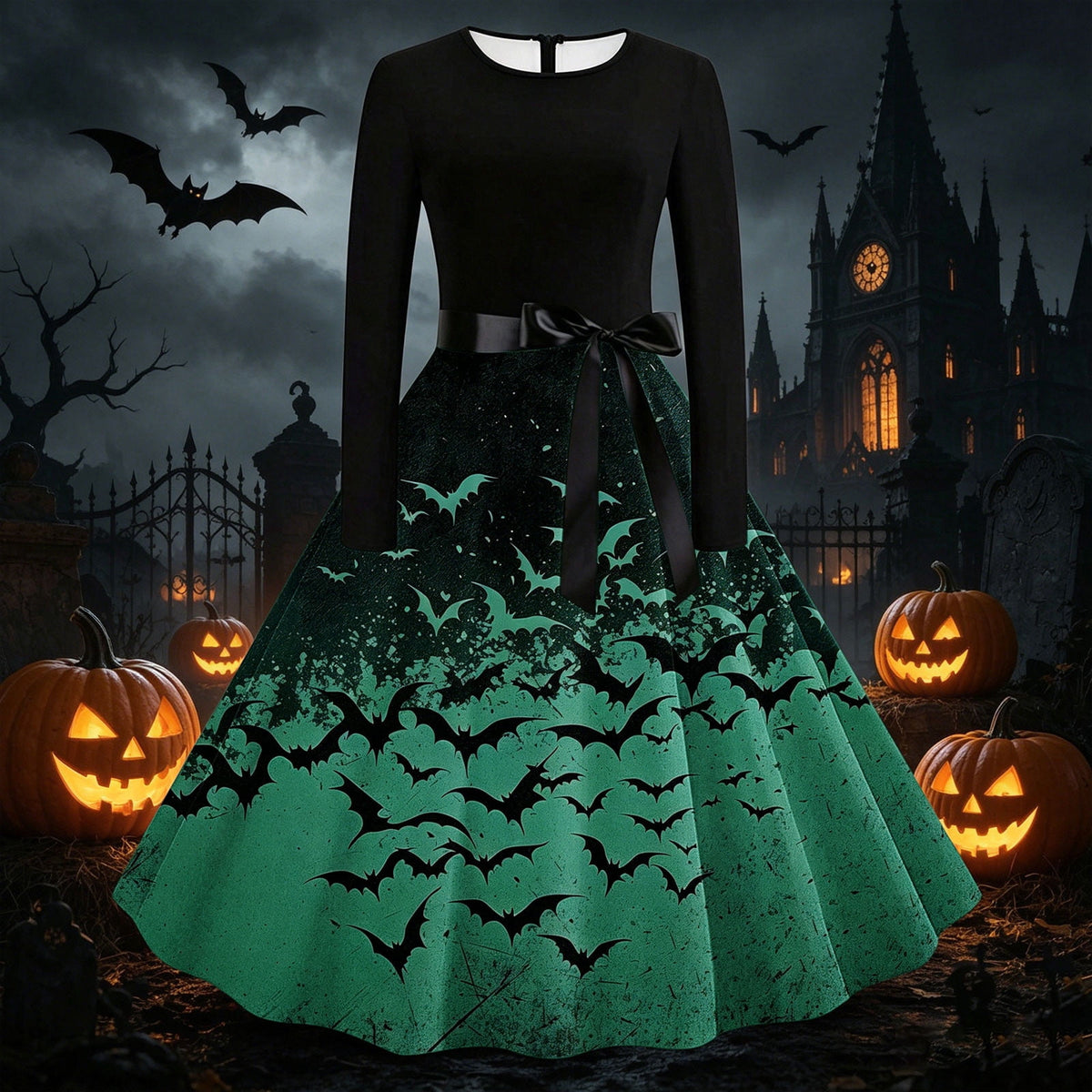 Women's Vintage Halloween Bat Print Swing Dress Long Sleeve 1950s Retro A-Line Midi Dresses with Satin Sash Belt for Gothic Cosplay Evening Prom Party