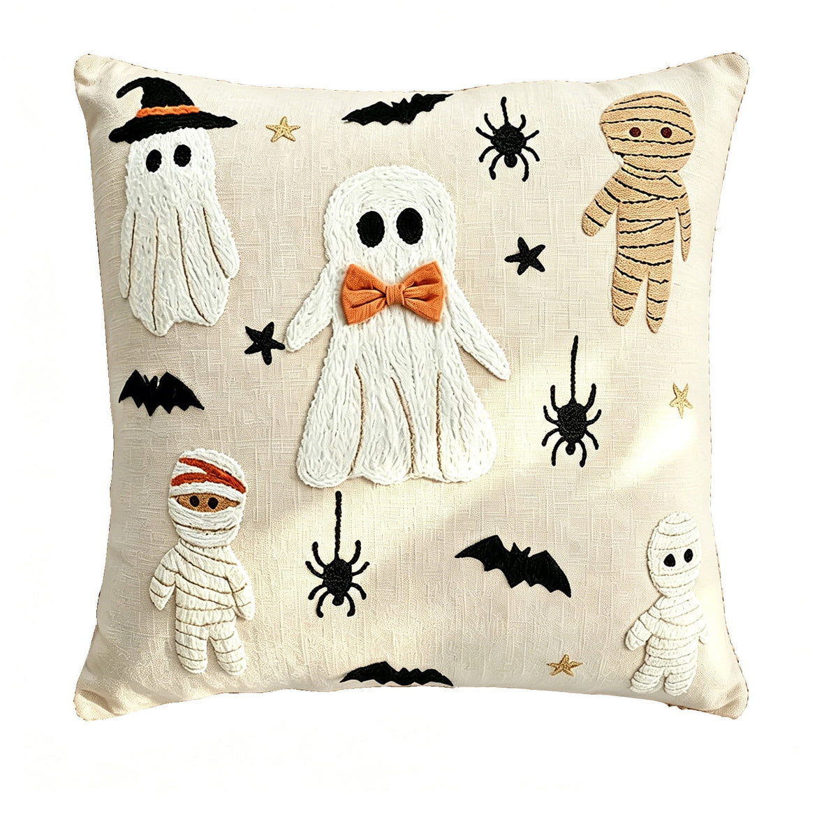 Yeciiwht Halloween Throw Pillow Cover – 18*18inch Embroidered Linen Cushion Case with Ghost, Mummy & Bat Designs, Invisible Zipper, Machine Washable
