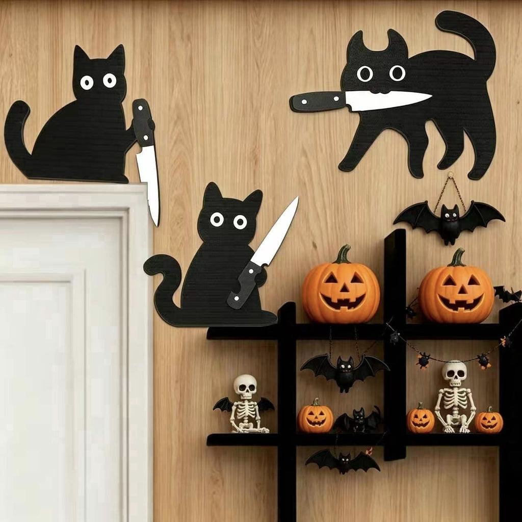 Halloween Wall Decorations Set of 3 Cat-8.6" Black Cat Wooden Indoor Halloween Decoration for Door Cornor for Entrance Hall, Kitchen, Shelf Ultimate Door Corner Decoration