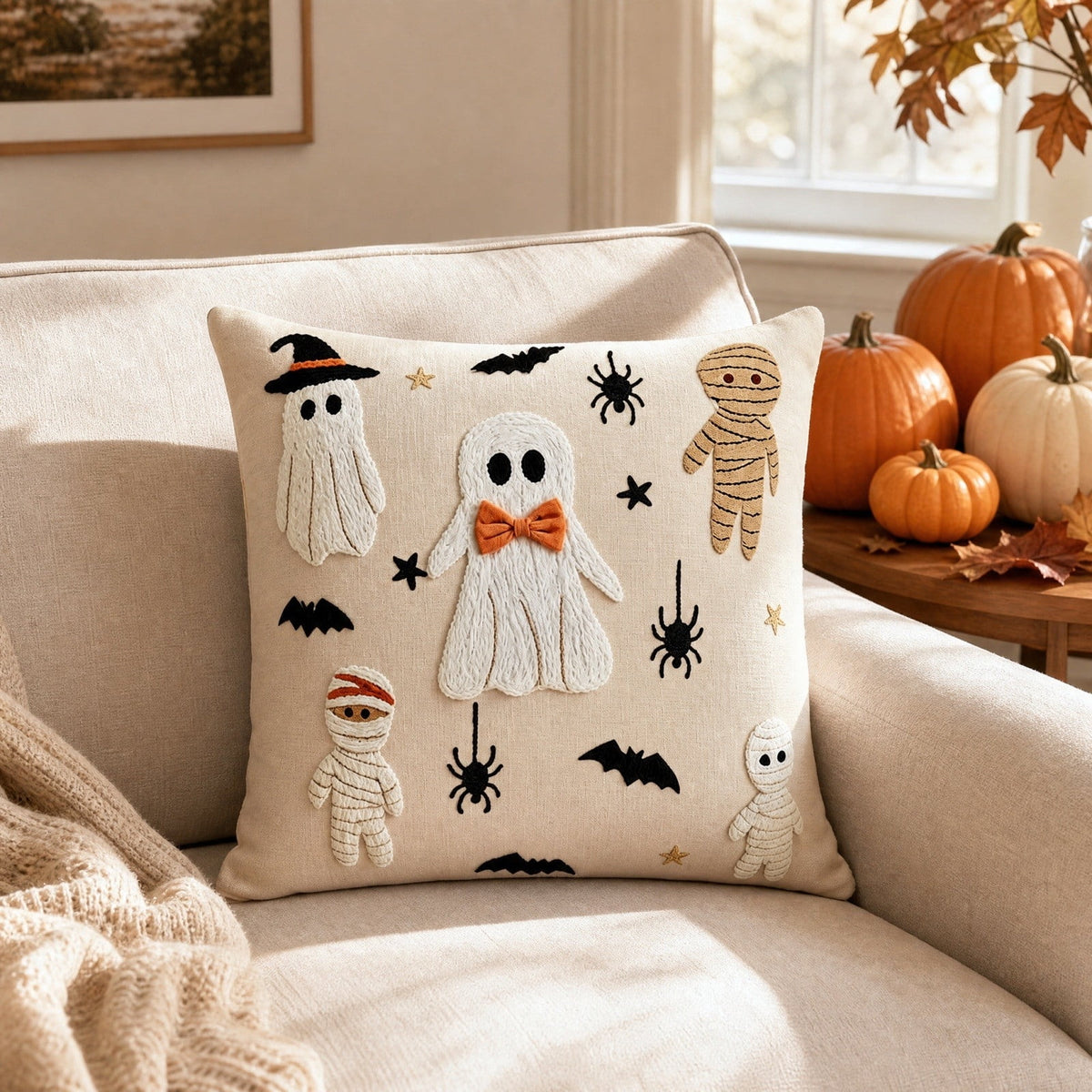Yeciiwht Halloween Throw Pillow Cover – 18*18inch Embroidered Linen Cushion Case with Ghost, Mummy & Bat Designs, Invisible Zipper, Machine Washable