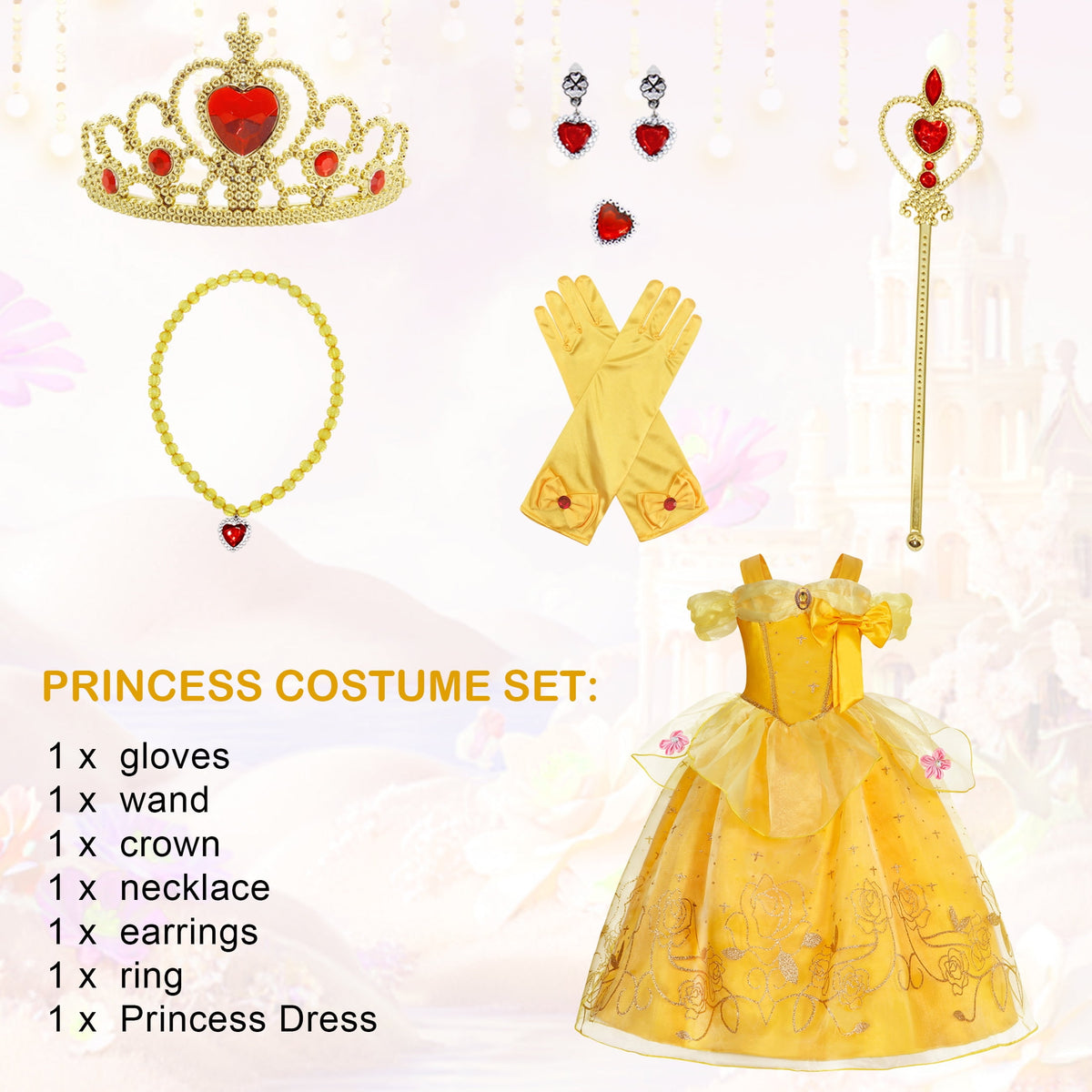 Jurebecia Princess Dress for Girls Costume Kids Off Shoulder Layered Toddler Halloween Cosplay Birthday Party Outfit up Yellow 120 cm 5-6 Years