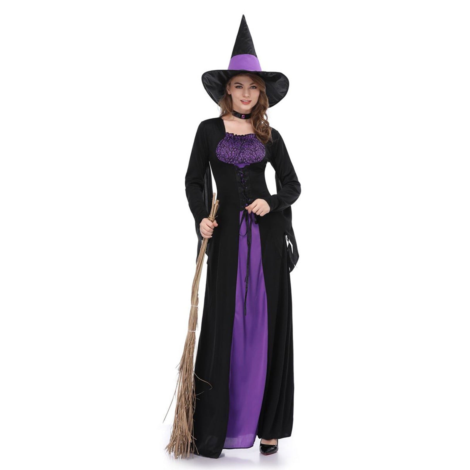 Halloween Witch Costume Women, Classic Retro Witch Costumes for Women Halloween Fancy Dress Witch Dress Purple L