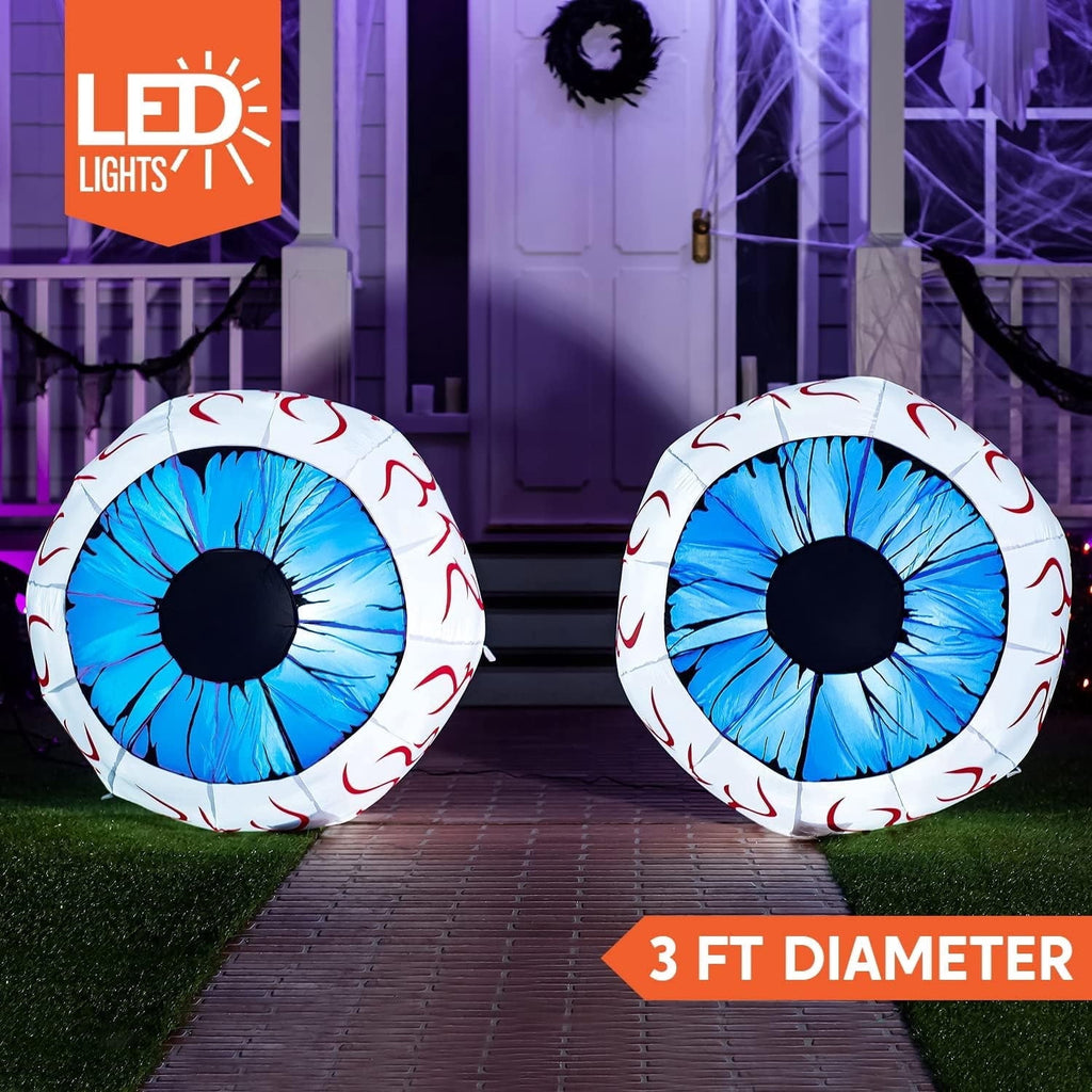Joyfy 2 Pack Halloween Inflatable Eyes Decoration with Build-in LEDs,3 ft Blow Ups Green Eyes for Yard,Halloween Decor Outdoor with LEDs Party Supplies Blow up Decoration