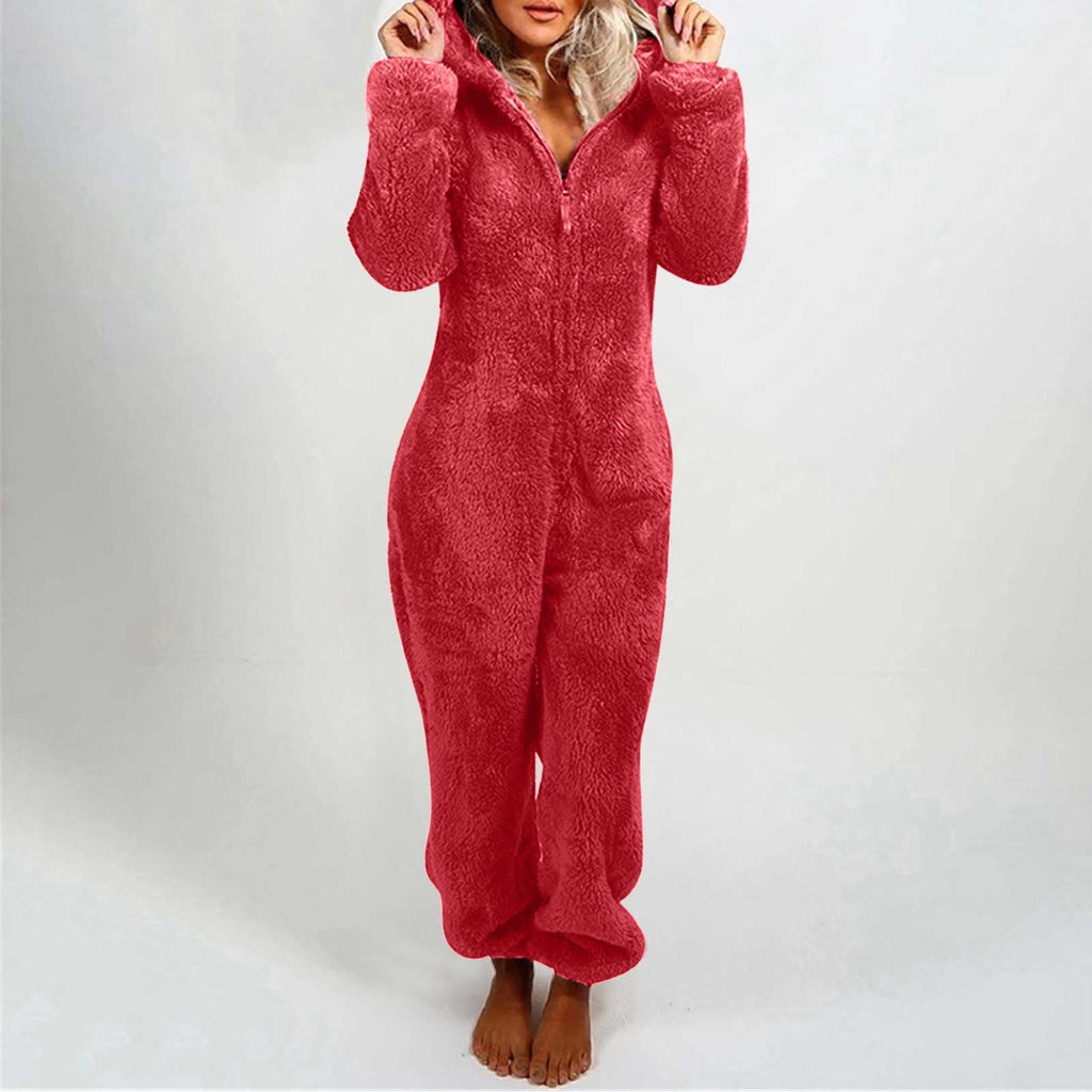 QATAINLAV Sherpa Fleece Jumpsuit for Women Winter Warm Fuzzy Onesie Pajamas Cute Cat Hooded Romper Casual Zip Up Overalls Sleepwear Black XL