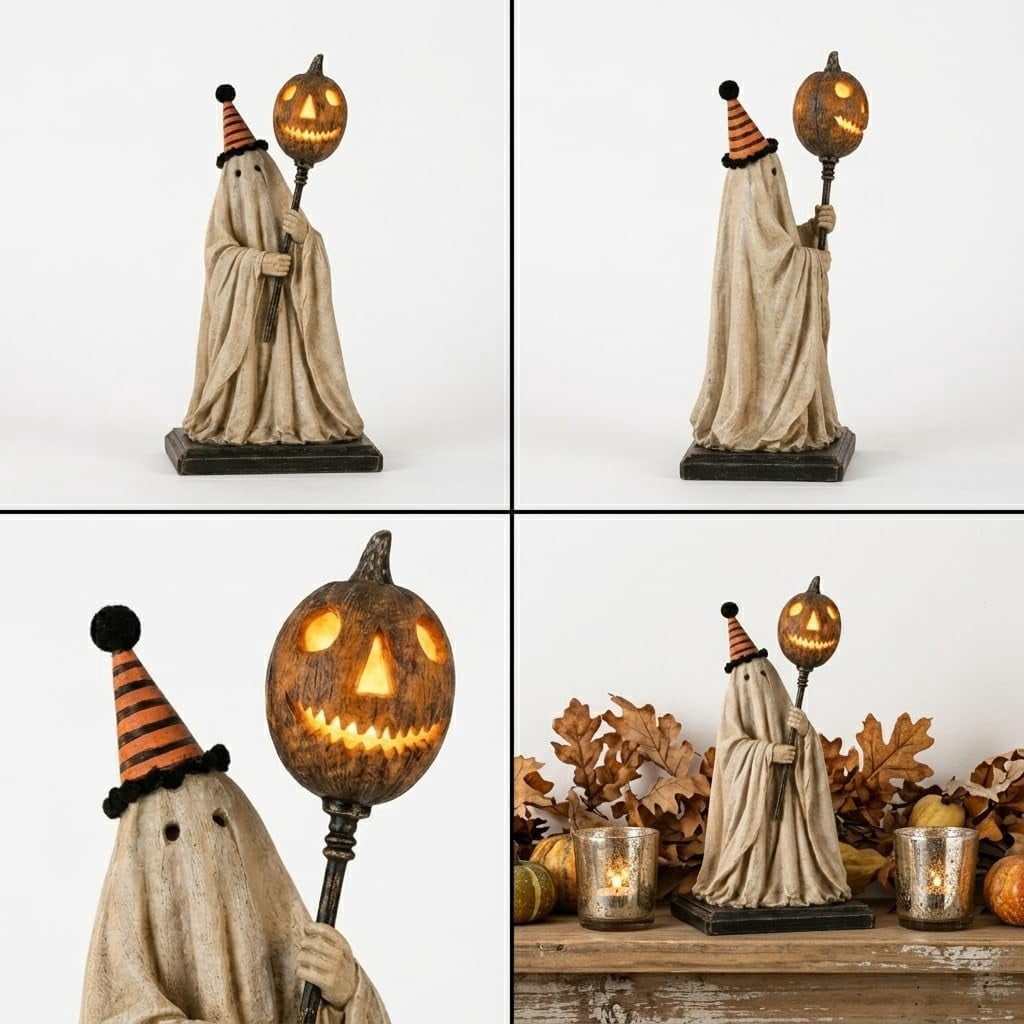 Lighted Vintage Ghost Figurine with Glowing Pumpkin Staff,Rustic Spooky Halloween Fall Decor for Mantel Shelf Entryways,Striped Party Hat Decorations,Vintage Indoor Figurines for Mantel