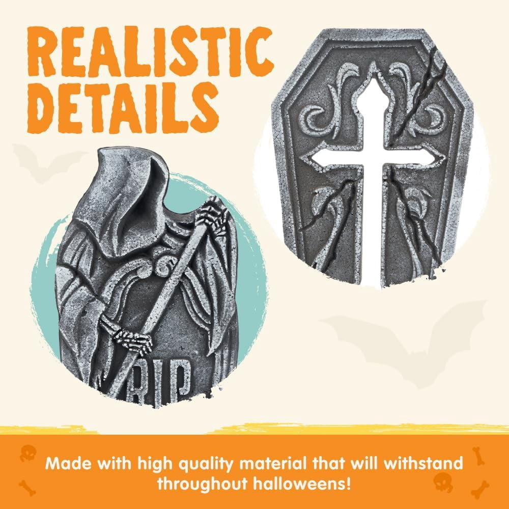 Joyfy 17" Halloween 5 Pack Tombstone Decorations, Foam RIP Graveyard Signs Cemetery Headstones Scary Outdoor Indoor Halloween Decor with 12 Metal Stakes for Easy Set Up, Waterproof for Garden Lawn