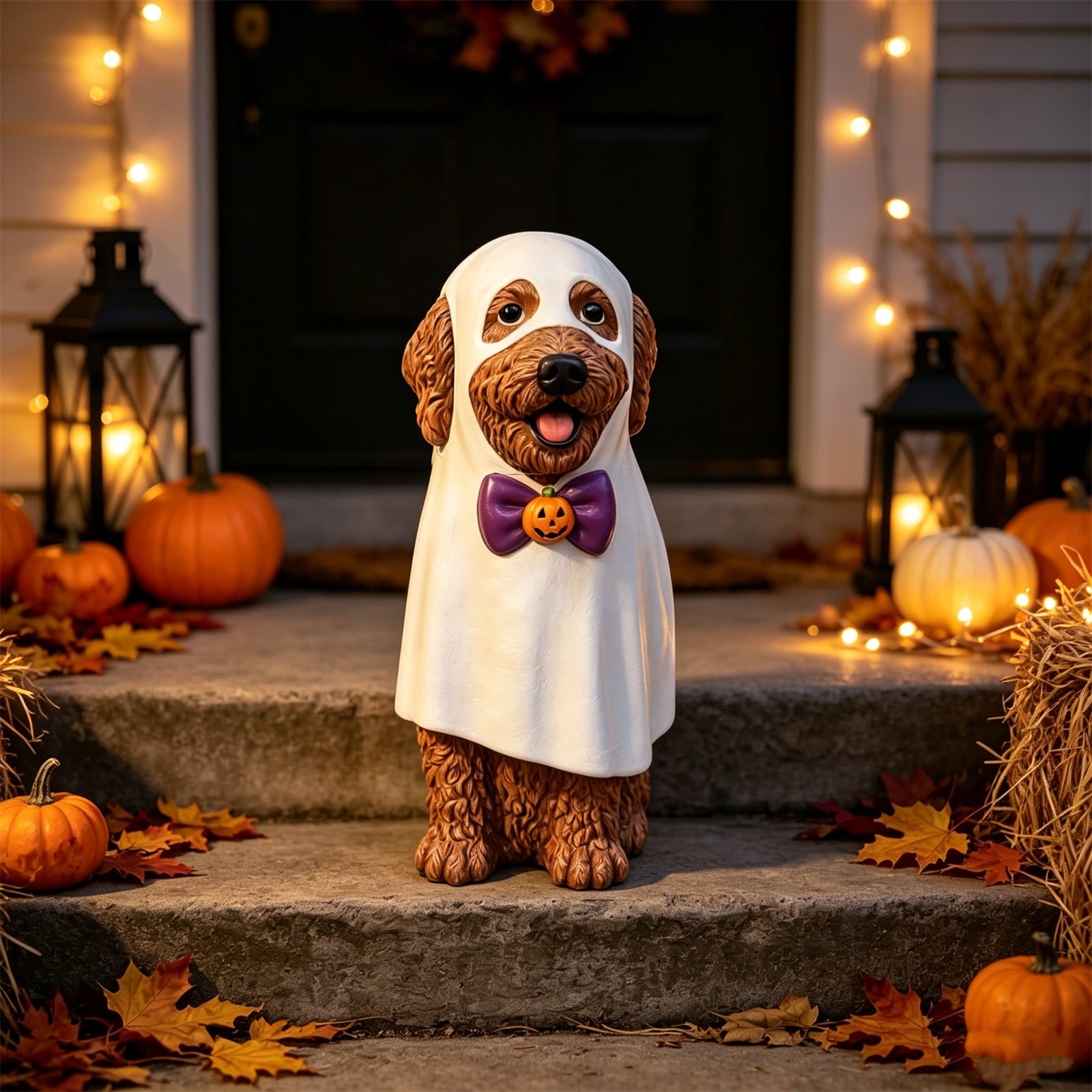 Gray Frenchie in Shark Costume Blow Mold, Halloween French Bulldog Statue with Light Up Pumpkin Decor, Cute Resin Outdoor Indoor Tabletop Dog Ornament, Entryway Patio Yard Decoration, 8"
