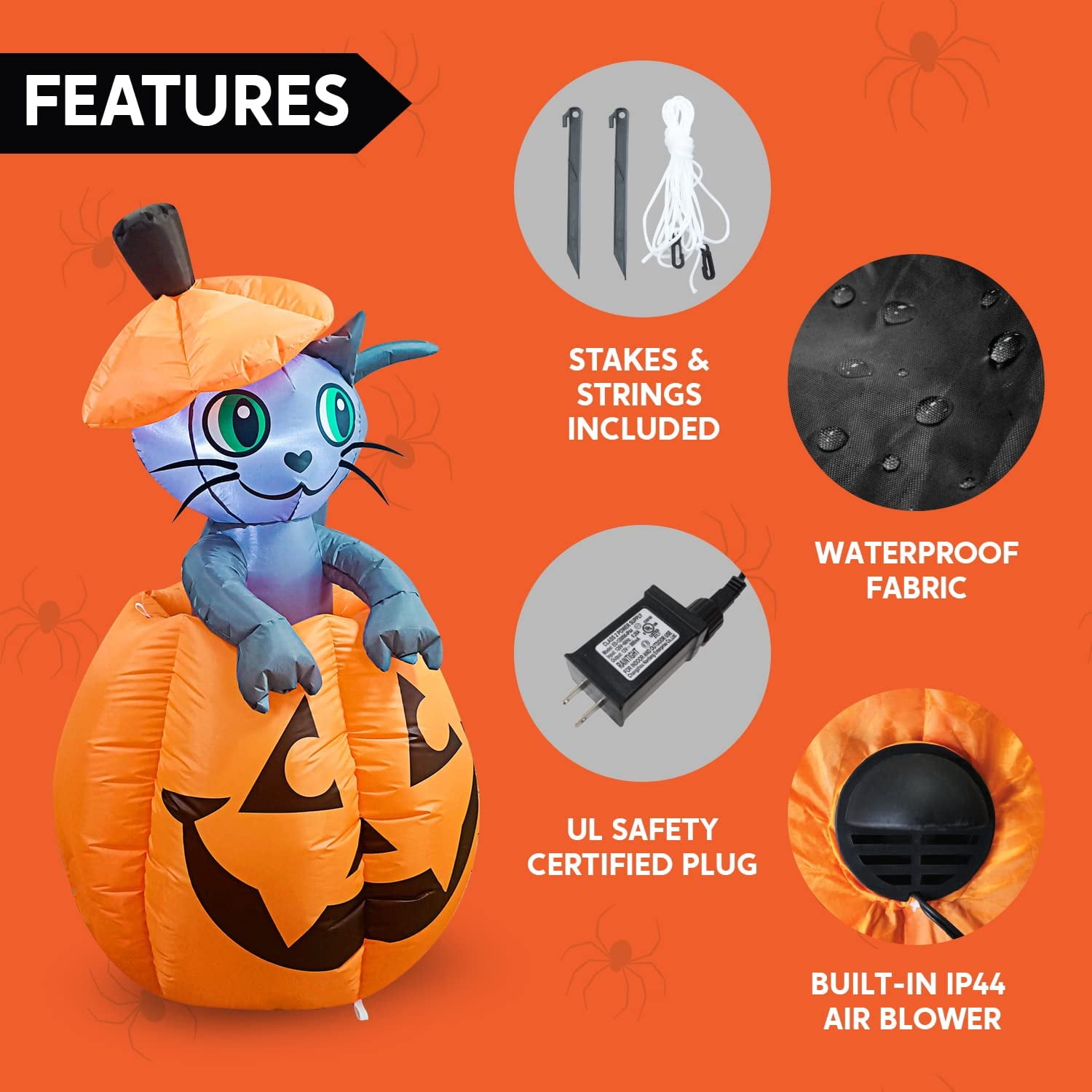 Joyfy 5 ft Halloween Inflatable Animated Cat on Pumpkin,Halloween Outdoor Decoration with LED Lights,Blow Up Decoration for Yard & Lawn,Party