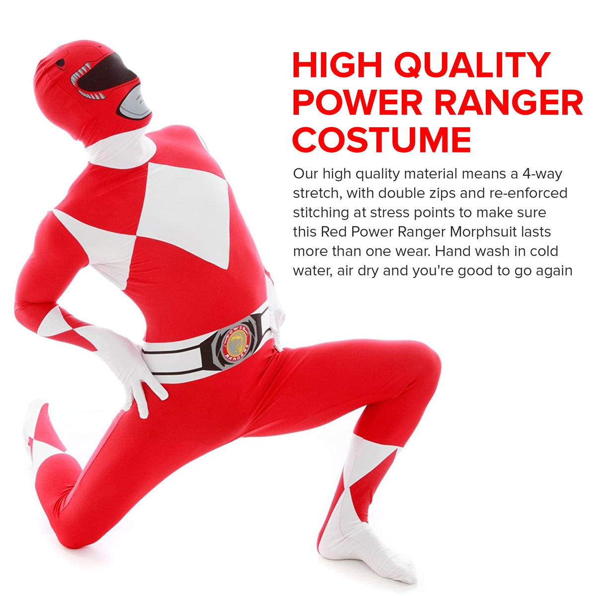 Morphsuits Adult Red Power Ranger Morphsuit Mens Superhero Fancy Dress Costume Halloween Red XL