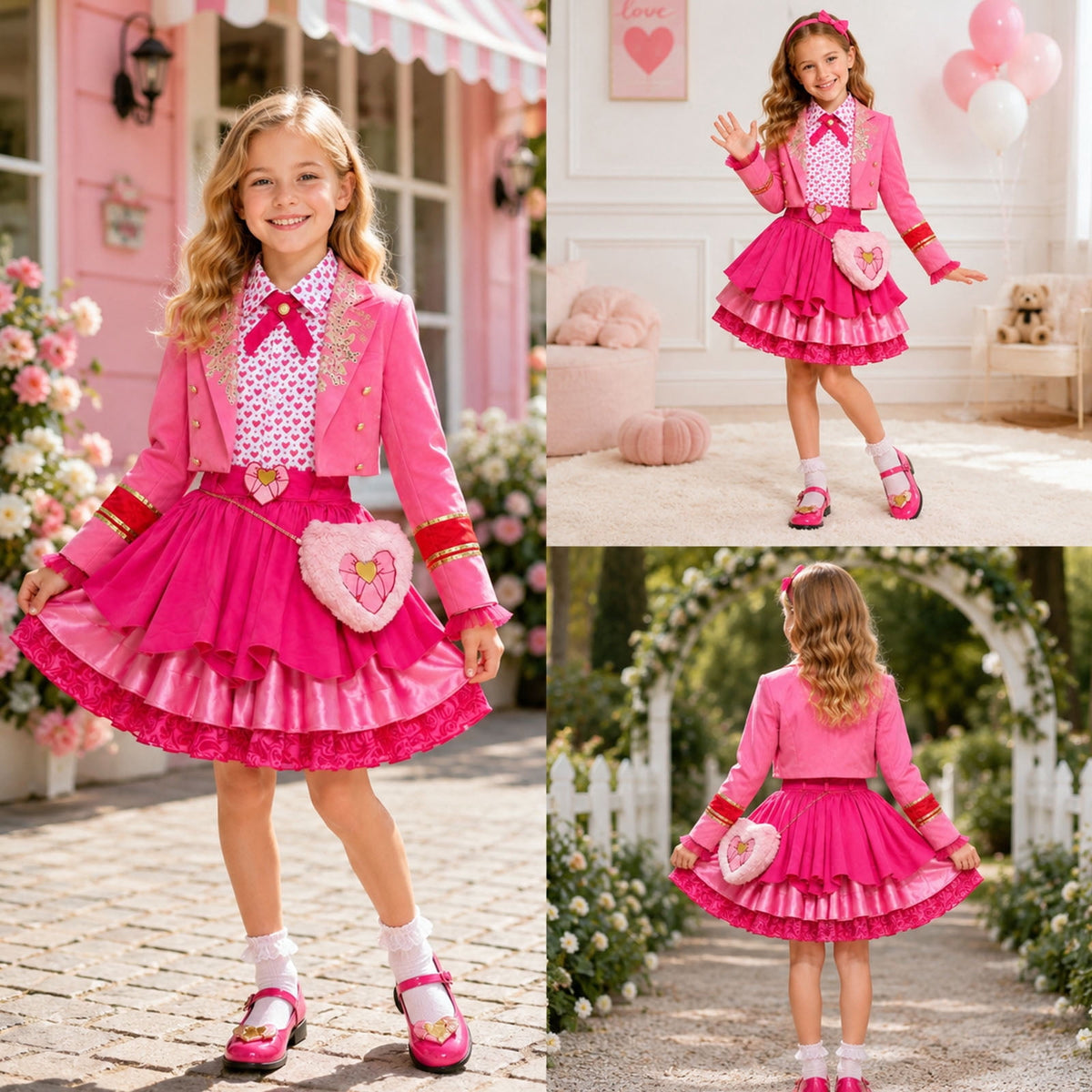 Guvpev G'irls Halloween Princess Costume, Pink Princess Dress Full Set with Heart Print Jacket, Shirt, Layered Skirt & Fuzzy Bag, Halloween Cosplay Outfits for Birthday Party & Fancy Dress Up