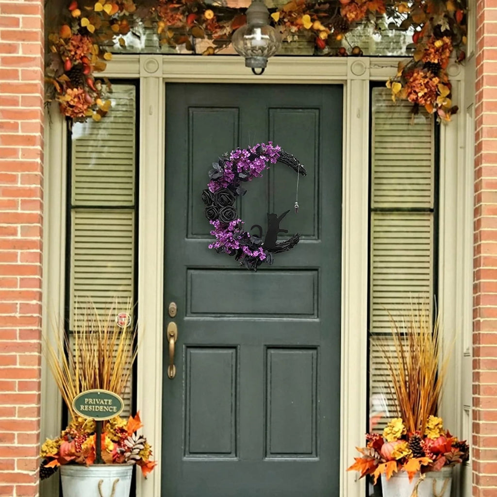 Myecovie Halloween Wreath for Front Door Halloween Moon Wreath with Mini Black Cat Grapevine Wreath Halloween Door Wreath Decorations for Home Party Indoor Outdoor-14"