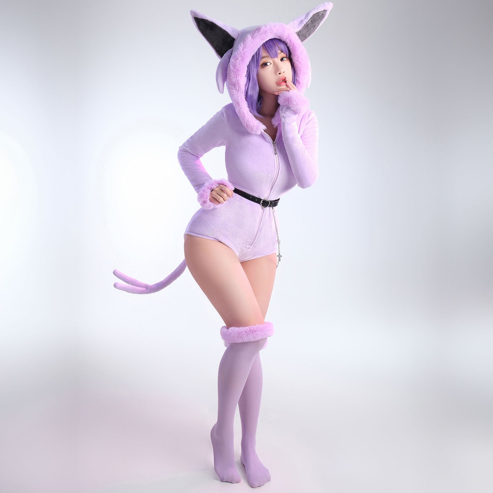 Women sexy Fluffy Hooded Bodysuit Halloween Deep V Kawaii One Piece Lingerie Rompers with Choker and Socks