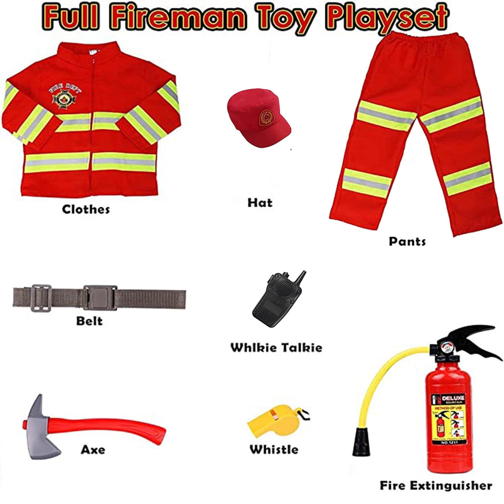 NimJoy Fireman Halloween Costume Dress-up Set Pretend Role Play Firefighter Realistic Outfit Kit Preshool Toy for Boys 3-6 Years Toddler Birthday Christmas Present, 8Pcs Red