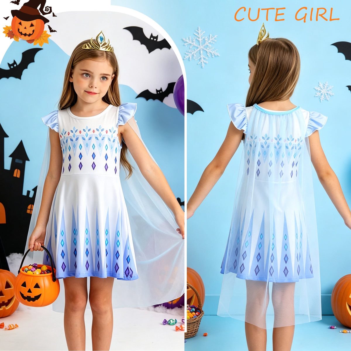 Benylion Girls Ice Princess Dress Halloween Cosplay Costumes With Tulle Cape Kids Birthday Party Dress up Outfit for 7-8 Years