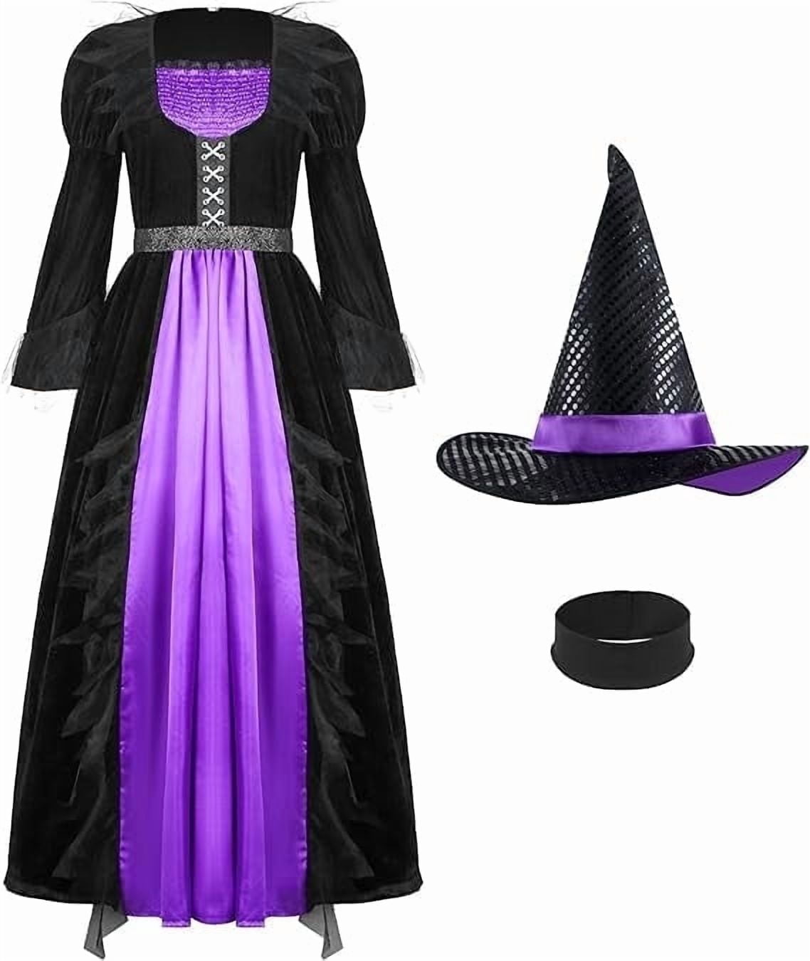 Joyfy Witch Costume for Women, Starry Witch Dress with Belt Hat for Adult Halloween Party Cosplay Dress up
