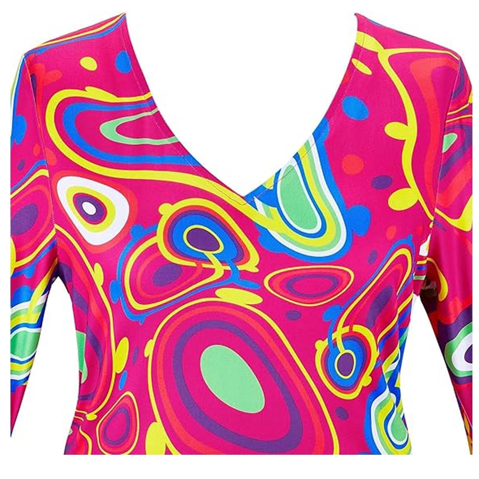 Wensltd 70s Disco Outfit Women Halloween Dress Costume Hippie Clothes Long Sleeve V Neck