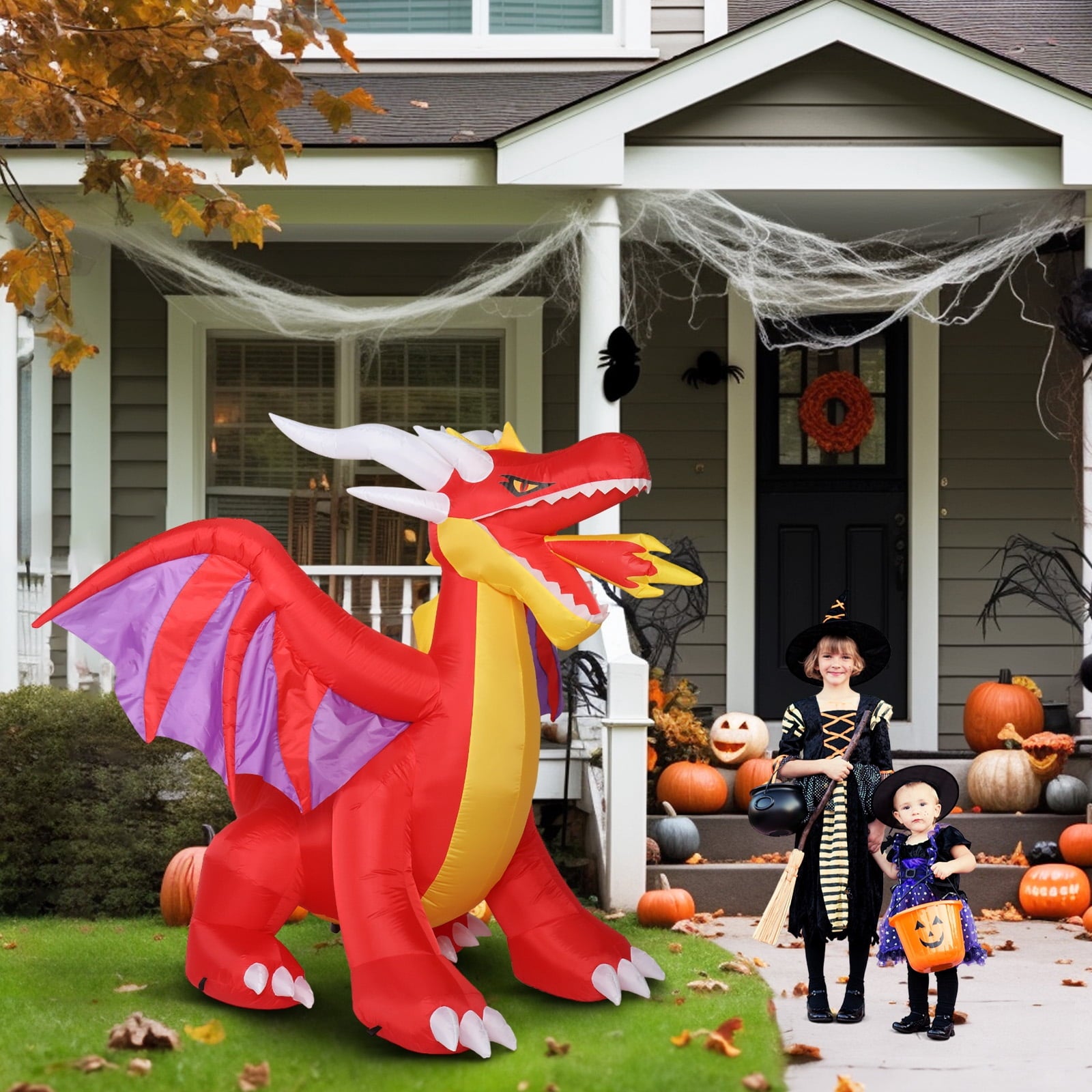 Zimtown 6FT Halloween Inflatables Fire Dragon Outdoor Halloween Decoration Built-in LED Lights