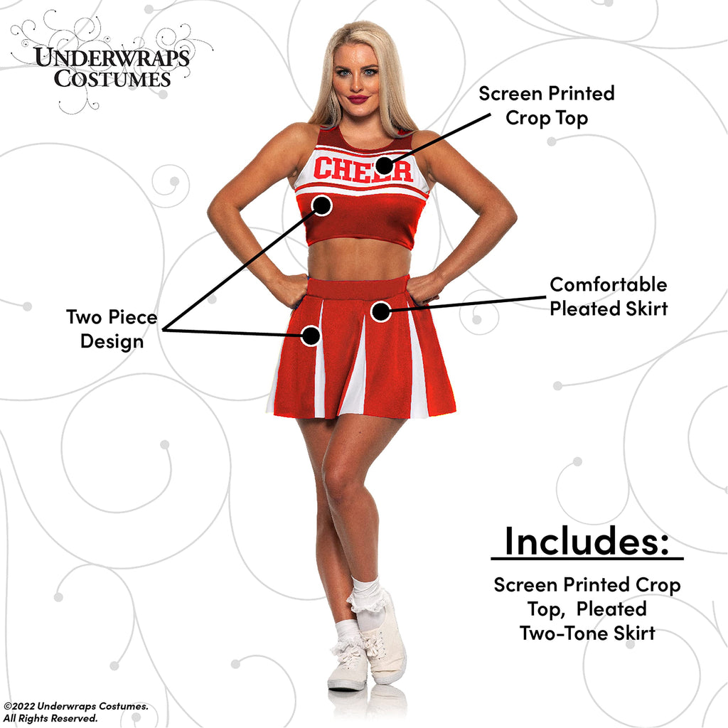 UNDERWRAPS Cheer Leader Two-Piece Costume - Cute Halloween Costume for Women, Sexy Red Cheer Cosplay Outfit, Cheer Captain Costume for Women, X-Large(14-16)