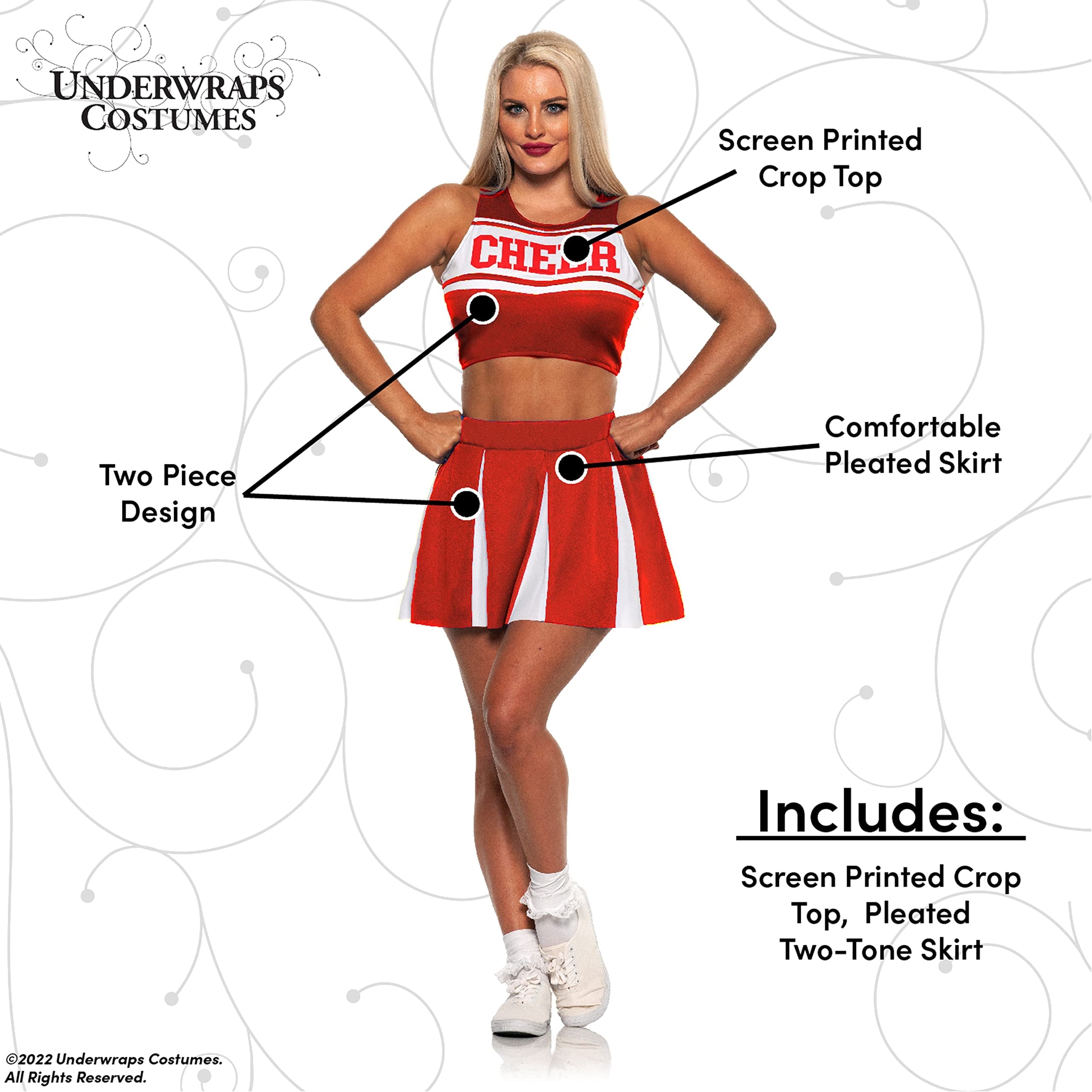 UNDERWRAPS Cheer Leader Two-Piece Costume - Cute Halloween Costume for Women, Sexy Red Cheer Cosplay Outfit, Cheer Captain Costume for Women, X-Large(14-16)