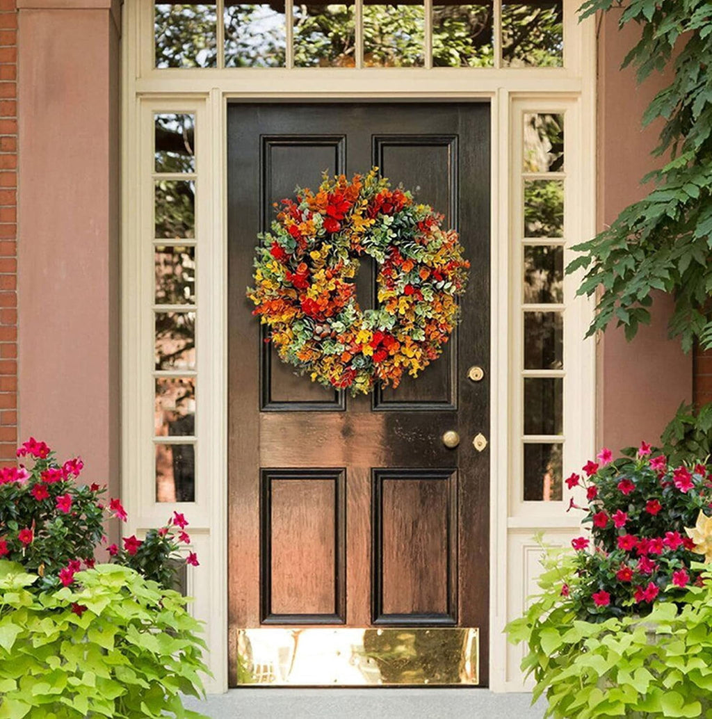 Artificial Fall Wreaths for Front Door Rustic Autumn Wreath with Pumpkin,Rose,Berry Branchesm,Mixed Leaves Thanksgiving Wreath Fall Door Wreath for Halloween Thanksgiving Indoor Outdoor Decor (B17.7)