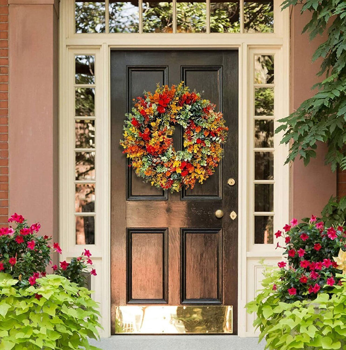 Artificial Fall Wreaths for Front Door Rustic Autumn Wreath with Pumpkin,Rose,Berry Branchesm,Mixed Leaves Thanksgiving Wreath Fall Door Wreath for Halloween Thanksgiving Indoor Outdoor Decor (B17.7)